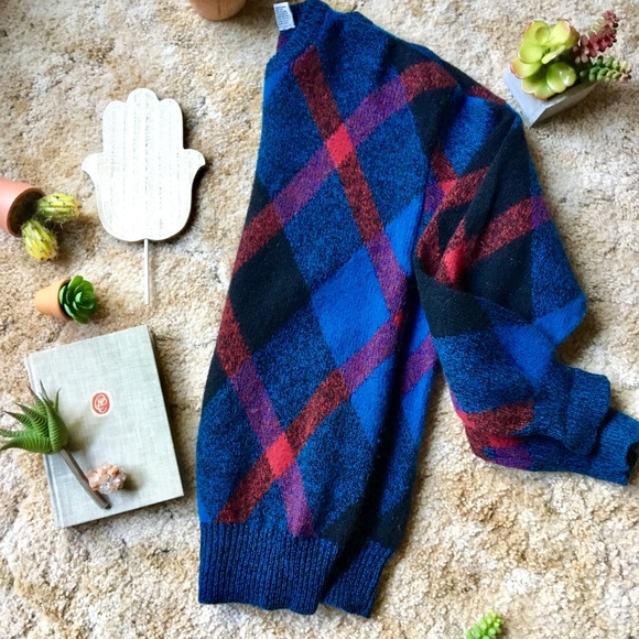 {Vintage} 100% Shetland Wool Plaid Grandpa Sweater - Picture 5 of 8